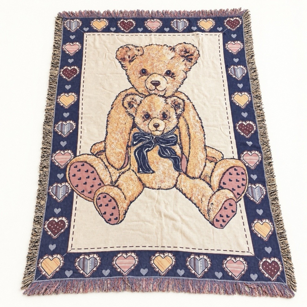 Vintage 1994 Cherished Teddies Teddy Bear Woven Throw Blanket 41x64 Fringed